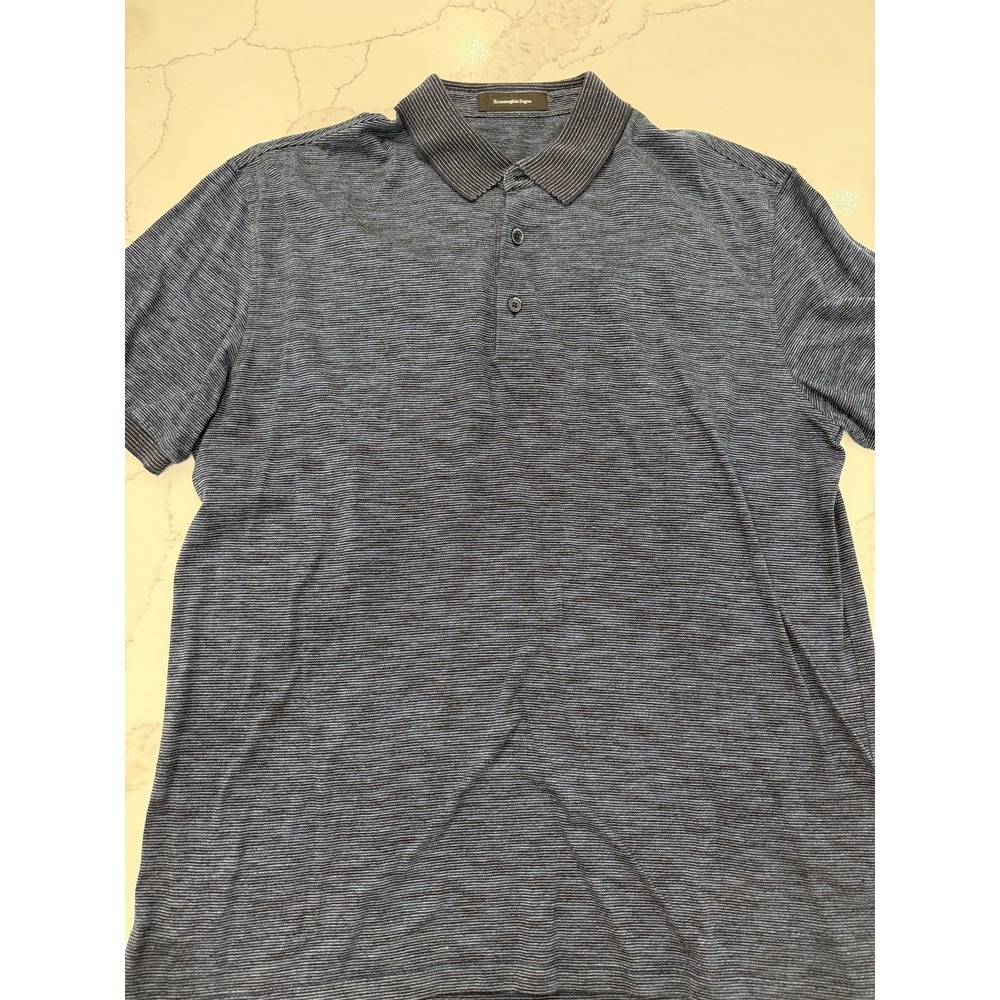Ermenegildo Zegna Polo Shirt Mens L Blue Striped‎ Cotton Knit Casual Soft